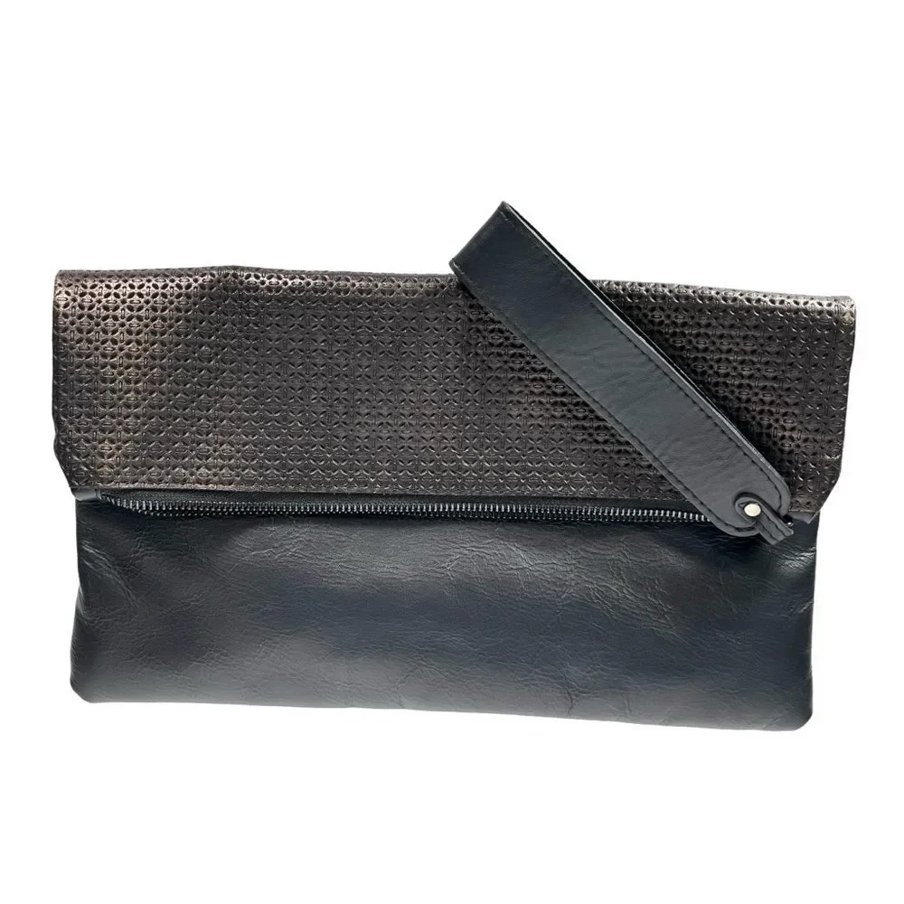 Black Leather Clutch Bronze Italian Wristlet Purse Foldover Bag Vittoria Napoli